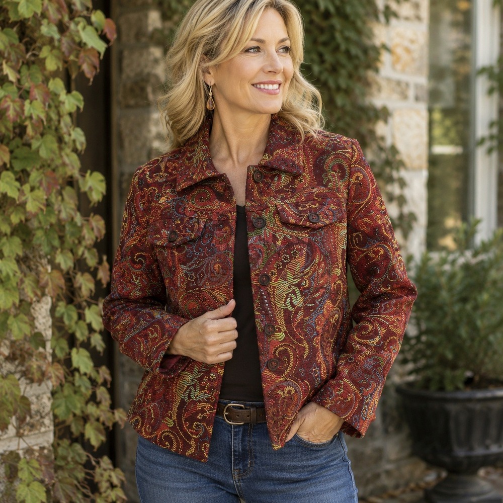Coldwater Creek Red Paisley Tapestry Beaded Jacket Boho Art To Wear M